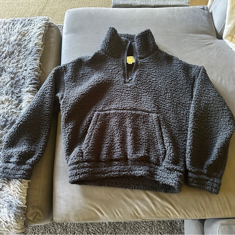 Aerie Black Sherpa Pullover Jacket Small Soft Warm 3/4 Zip with Kangaroo Pocket